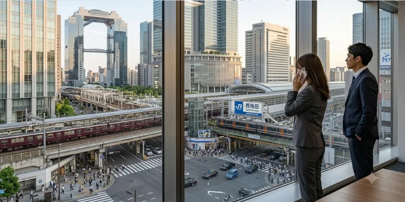 Bustling business district near major transit hub
